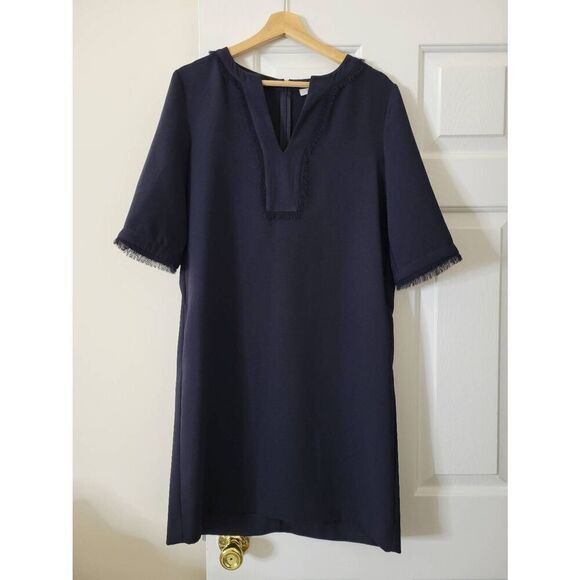 Gerard Darel - Navy Notch Neck Shift Dress w/ Fringe Trim 40 - Picture 1 of 10